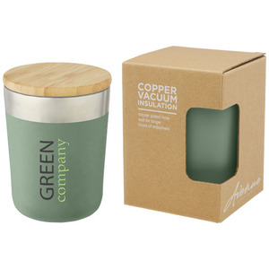 Fotografie k reklamnímu předmětu „Termo kelímek o objemu 330 ml z nerezové oceli s měděnou vakuovou izolací a bambusovým víčkem Lagan“