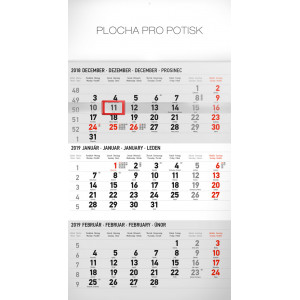 Náhled reklamního předmětu „Nástěnný kalendář Štandard šedý 3mesačný 2019“