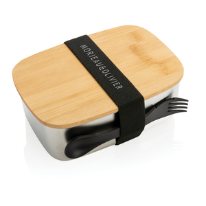 Fotografie k reklamnímu předmětu „Nerezová krabička na jídlo s bambusovým víkem a příborem“
