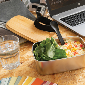 Fotografie k reklamnímu předmětu „Nerezová krabička na jídlo s bambusovým víkem a příborem“