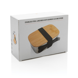Fotografie k reklamnímu předmětu „Nerezová krabička na jídlo s bambusovým víkem a příborem“