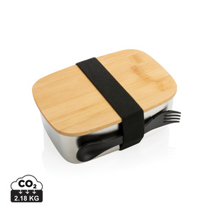 Fotografie reklamního předmětu „Nerezová krabička na jídlo s bambusovým víkem a příborem“